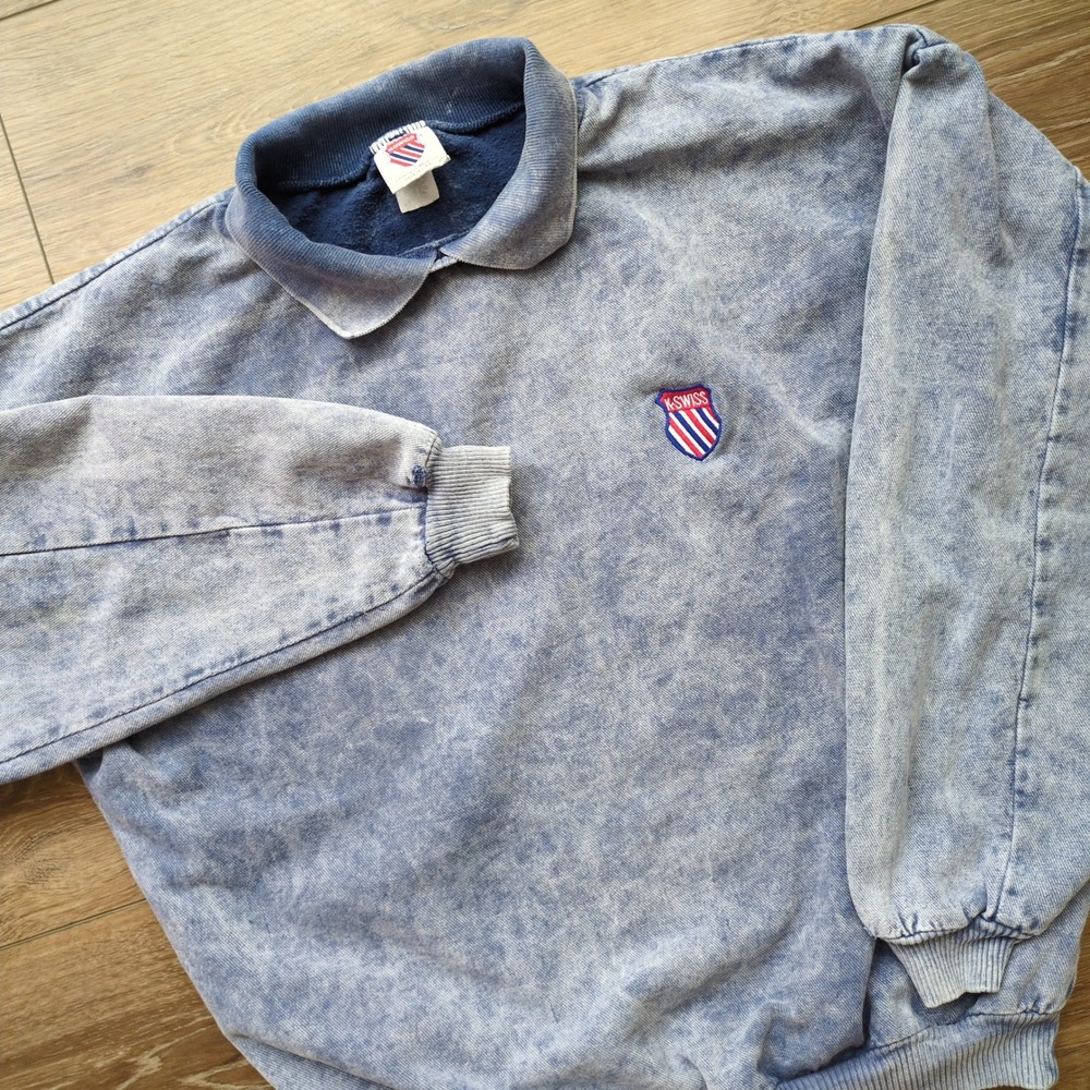 Vtg 80s 90s K-Swiss Acid Wash Sweatshirt Blue Retro Skater Surfer USA Collared M